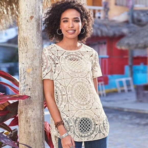 Sundance Tops - Sundance Shadow Dance Crochet‎ Top Ivory Lace Sheer Short Sleeve Tunic Sweater S